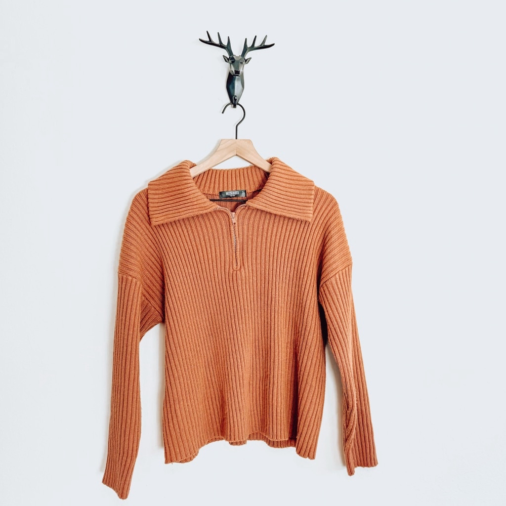 Missguided Women's Burnt Orange Ribbed 1/4 Zipper Sweater Size 4